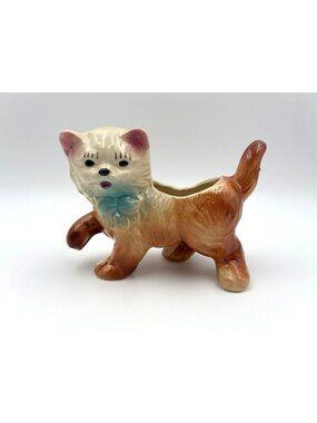 VTG Ceramic Cat Planter Blue Bow Kitsch Brown & White Kitten MCM Nursery Decor